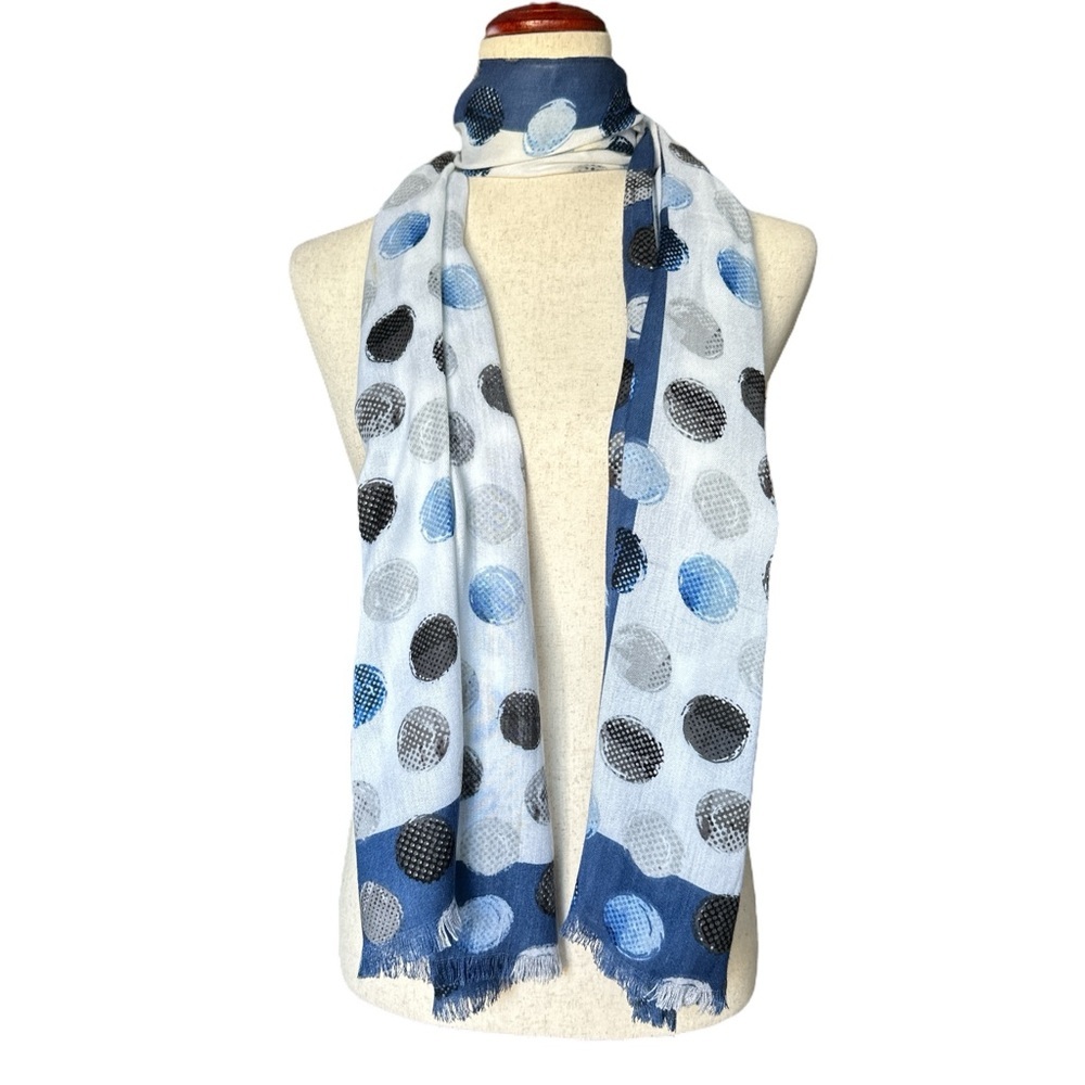 White House Black Market Blue Polka Dot Printed Scarf Fringe Edges Gift For Her - Picture 2 of 10